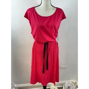 Vertigo Dress Pink Rosebloom Pleated Midi with Belt Keyhole Back XL